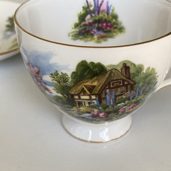 Vintage Royal Vale Teacup & Saucer Cottage Scene & Gardens - Bone China England - Picture 9 of 15
